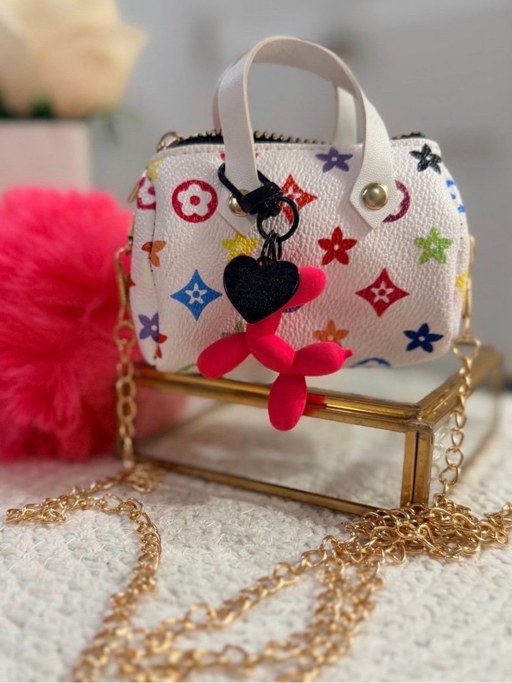 Mini Kawaii Purse Charm Crossbody Bag 🌈 Pom Pom + Puppy Charm - Picture 2 of 6